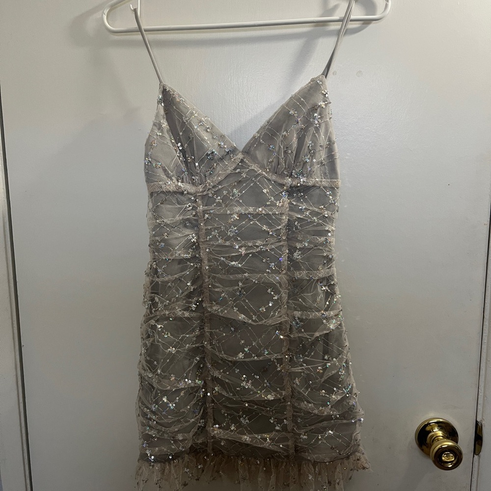 Lucy in the Sky Taupe Sequined Spaghetti-Strap Mini Dress